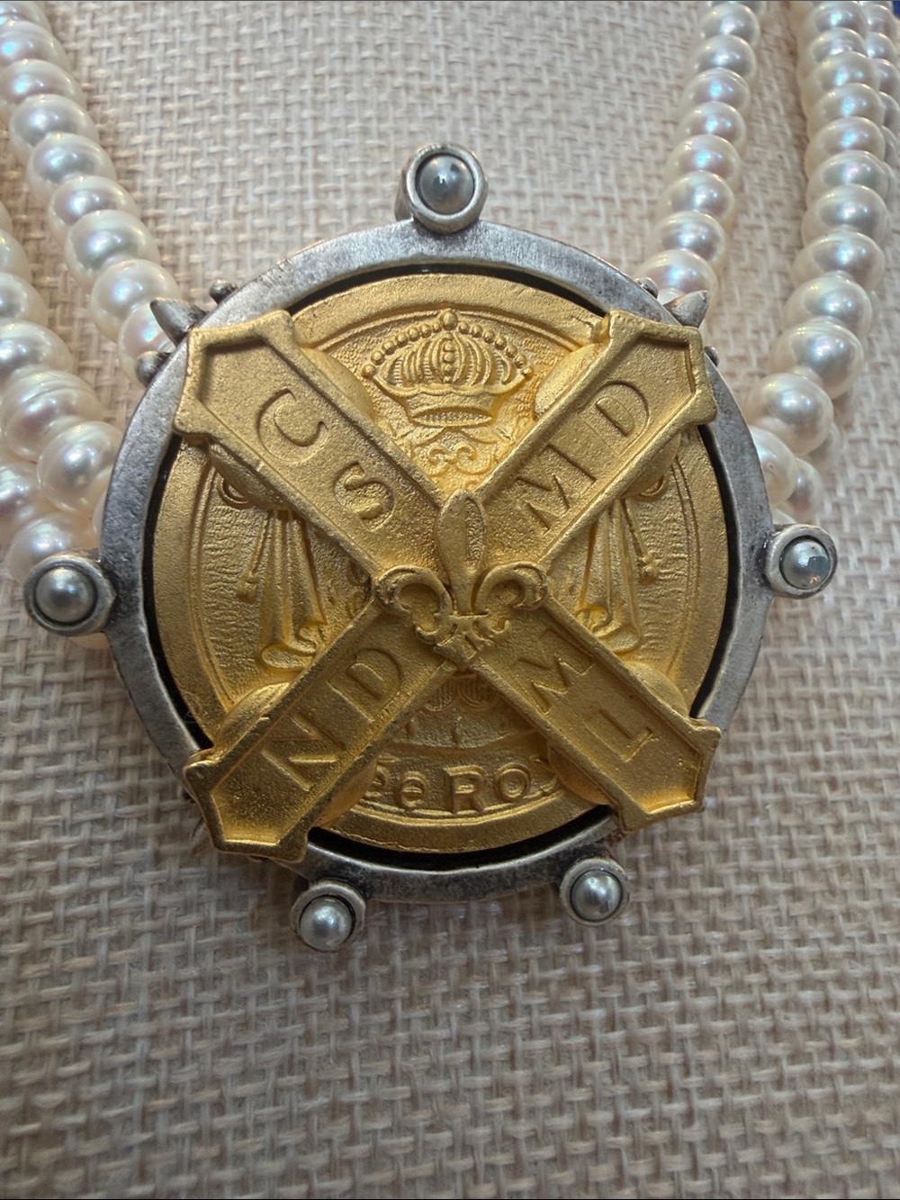 Triple-Strand White Pearl Necklace with Gold Medallion Accent - Picture 2 of 3